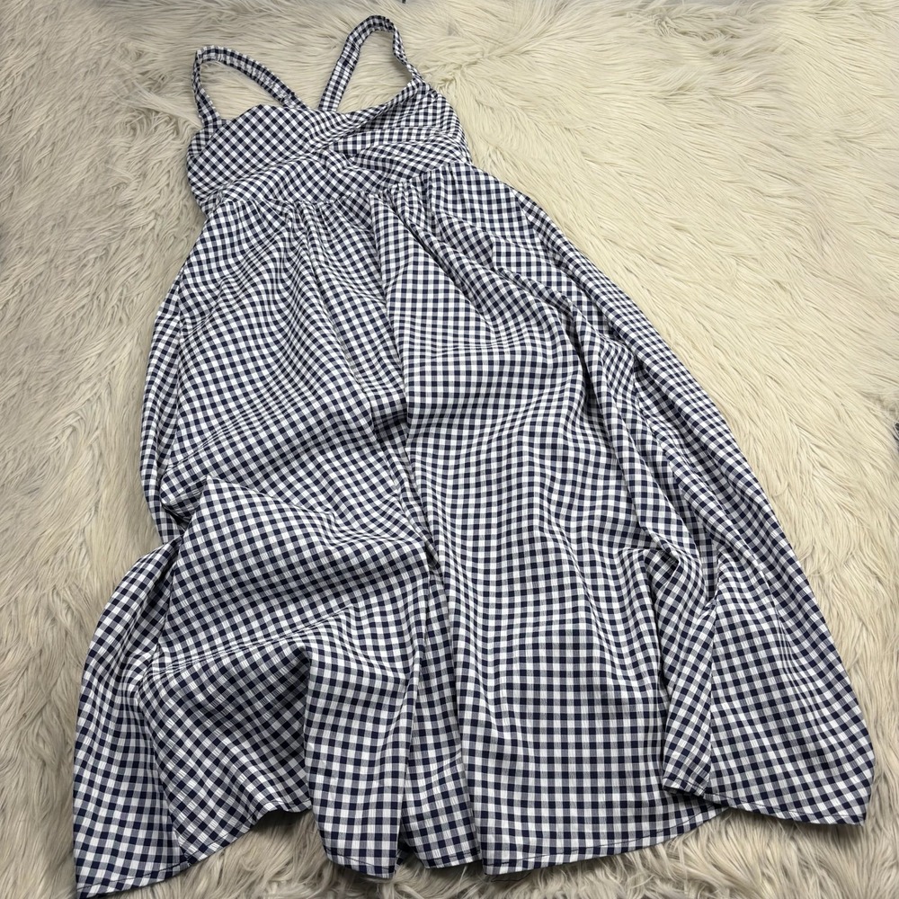 Lulus Women's M City Strolls Navy Gingham Backless Twist-Front Midi Dress Preppy